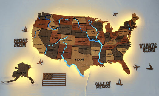 Карта США на акрилі, з дорогами та підсвіткою річок та по контуру, колір Warm