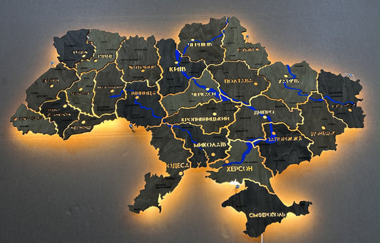 Карта України на акрилі з фарбованими річками та підсвіткою між областями, колір Helsinki