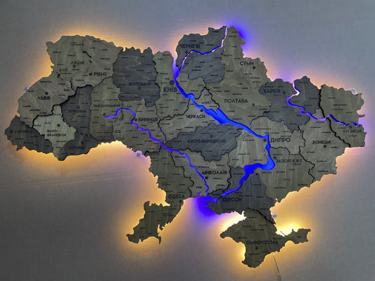 Деталізована карта України з підсвіткою річок та по контуру колір Dark Nut