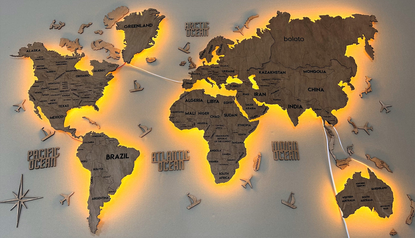Одношарова карта світу з підсвіткою колір Rosewood 1