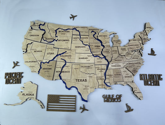 Багатошарова карта США з фарбованими річками та дорогами, колір Natural