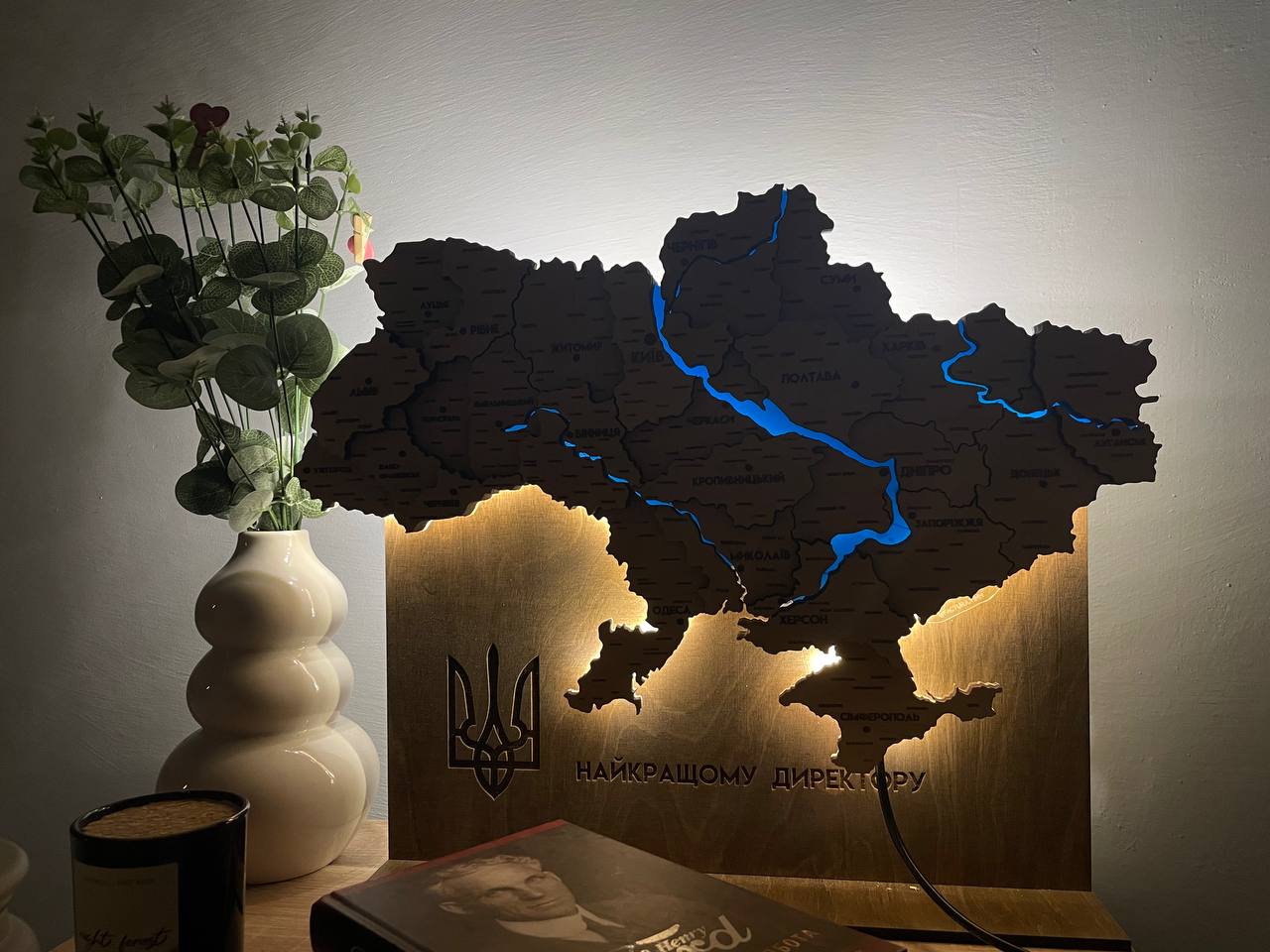 Міні-карта України з підсвіткою річок та по контуру колір Natural