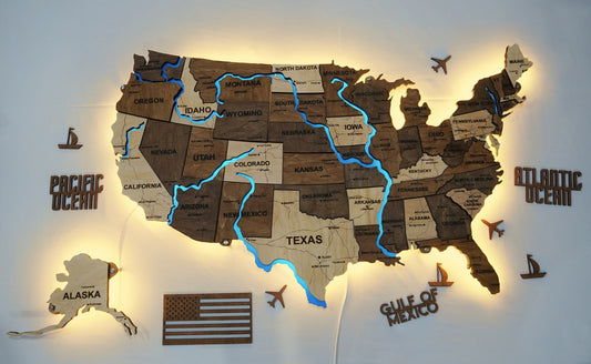 Карта США на акрилі, з дорогами та підсвіткою річок та по контуру, колір Wander