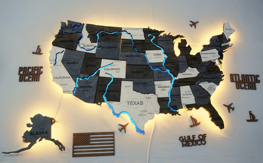 Карта США на акрилі, з дорогами та підсвіткою річок та по контуру, колір Loft