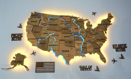 Карта США на акрилі, з дорогами та підсвіткою річок та по контуру, колір Light Tree