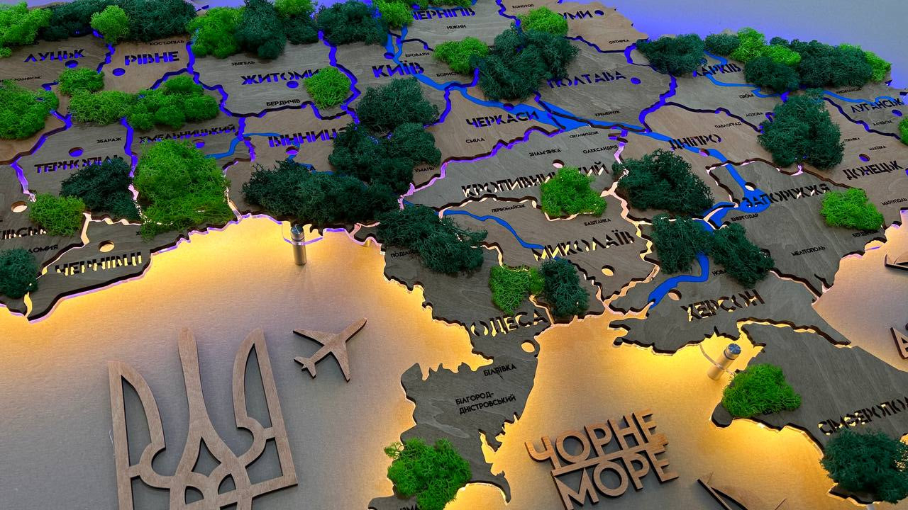 Карта України на акрилі з річками, мохом та підсвіткою між областями колір Light Tree