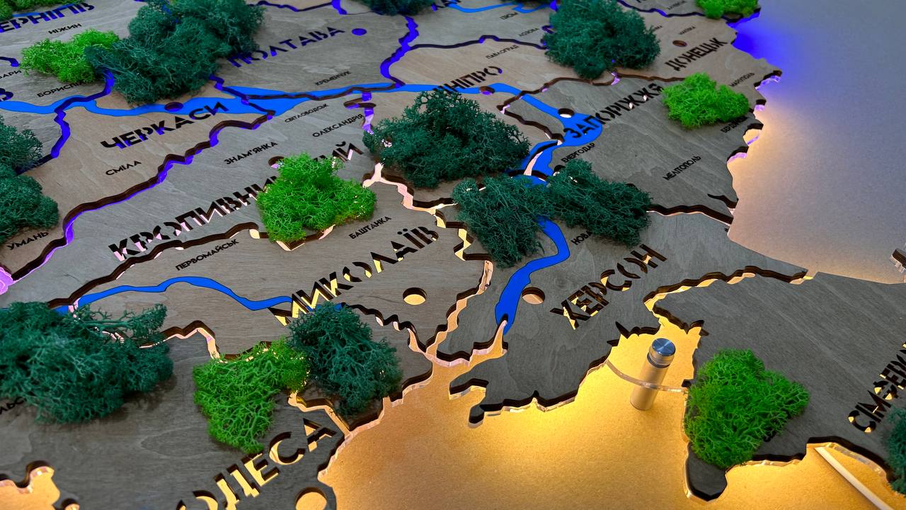 Карта України на акрилі з річками, мохом та підсвіткою між областями колір Light Tree
