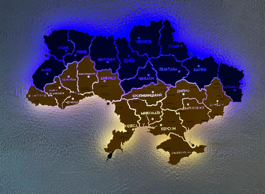 Карта України на акрилі з підсвіткою між областями колір Flag