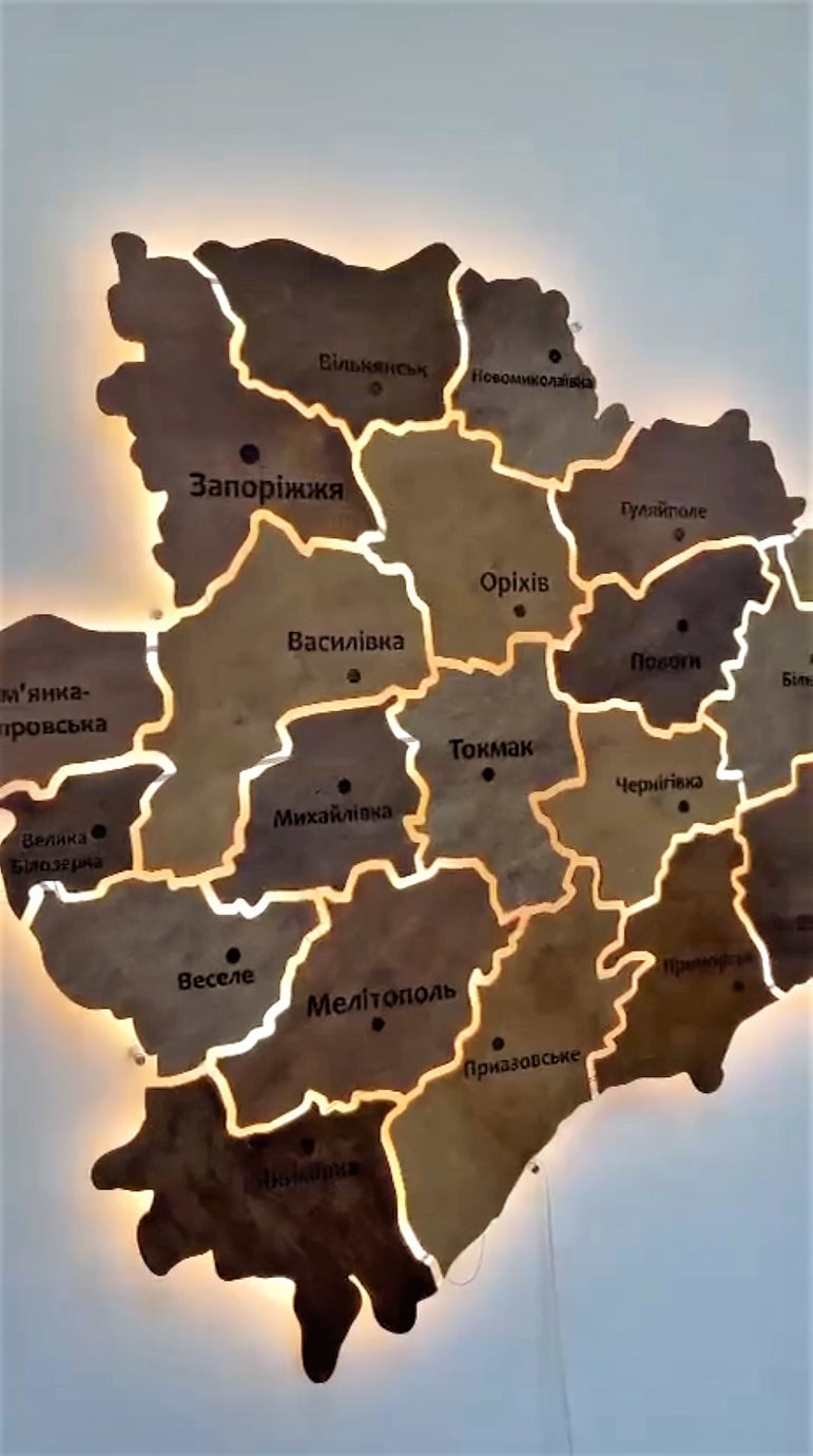 Карта Запорізької області на акрилі, з підсвіткою між районами, колір Rosewood