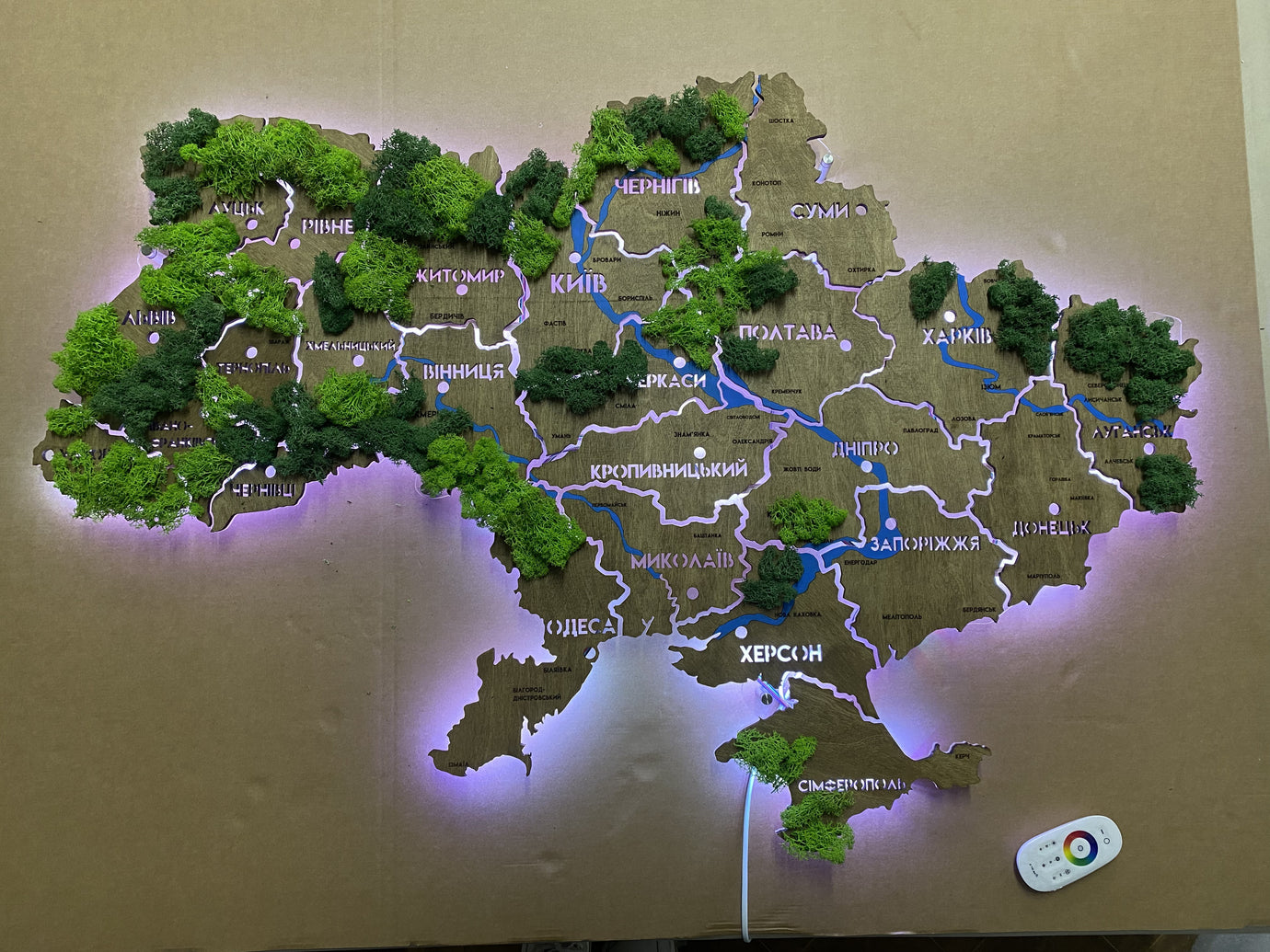 Карта України на акрилі з річками, мохом та підсвіткою RGB колір Venge