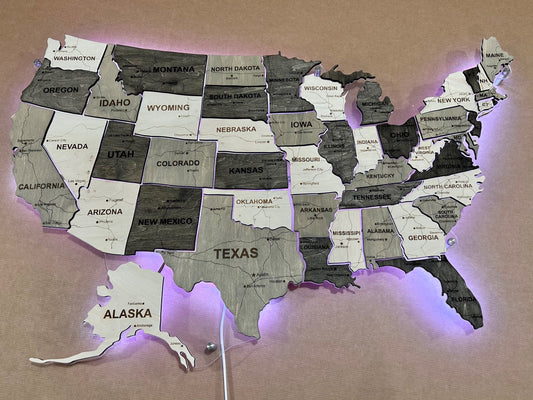 Карта США з дорогами на акрилі з підсвіткою RGB між штатами колір Black&White