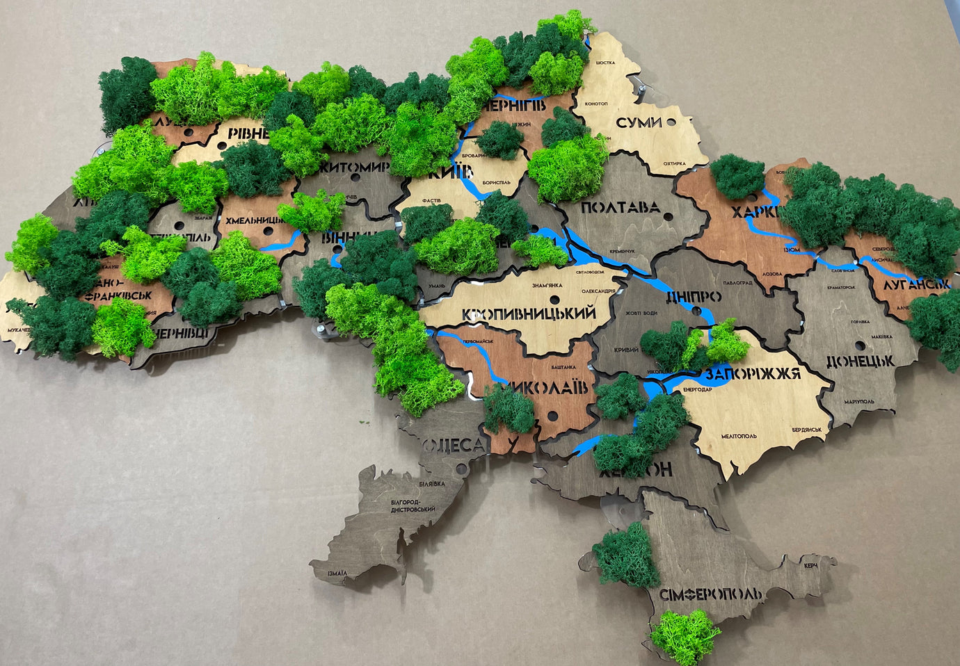 Карта України на акрилі з річками, мохом та підсвіткою між областями колір Warm