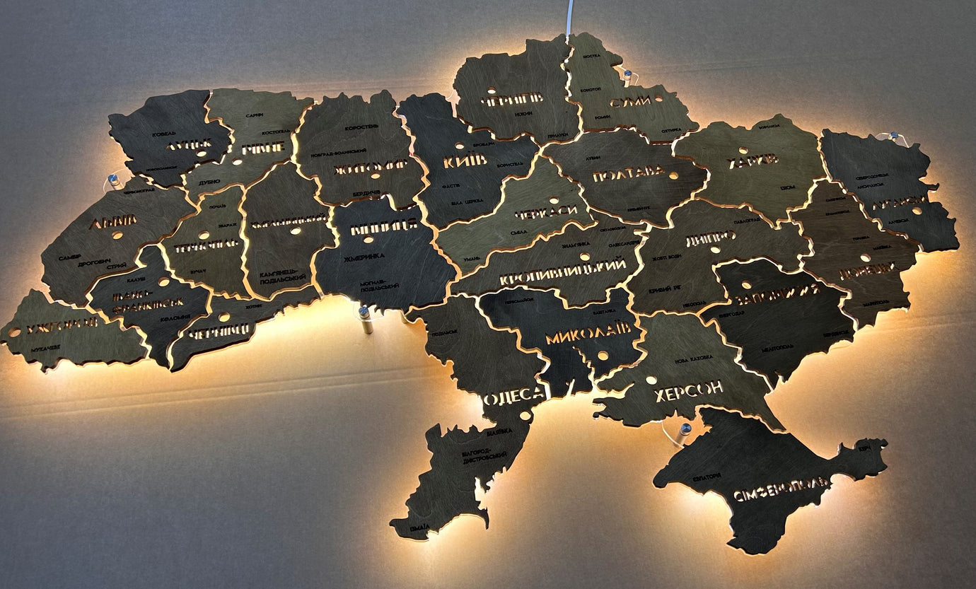 Карта України на акрилі з підсвіткою між областями колір Helsinki