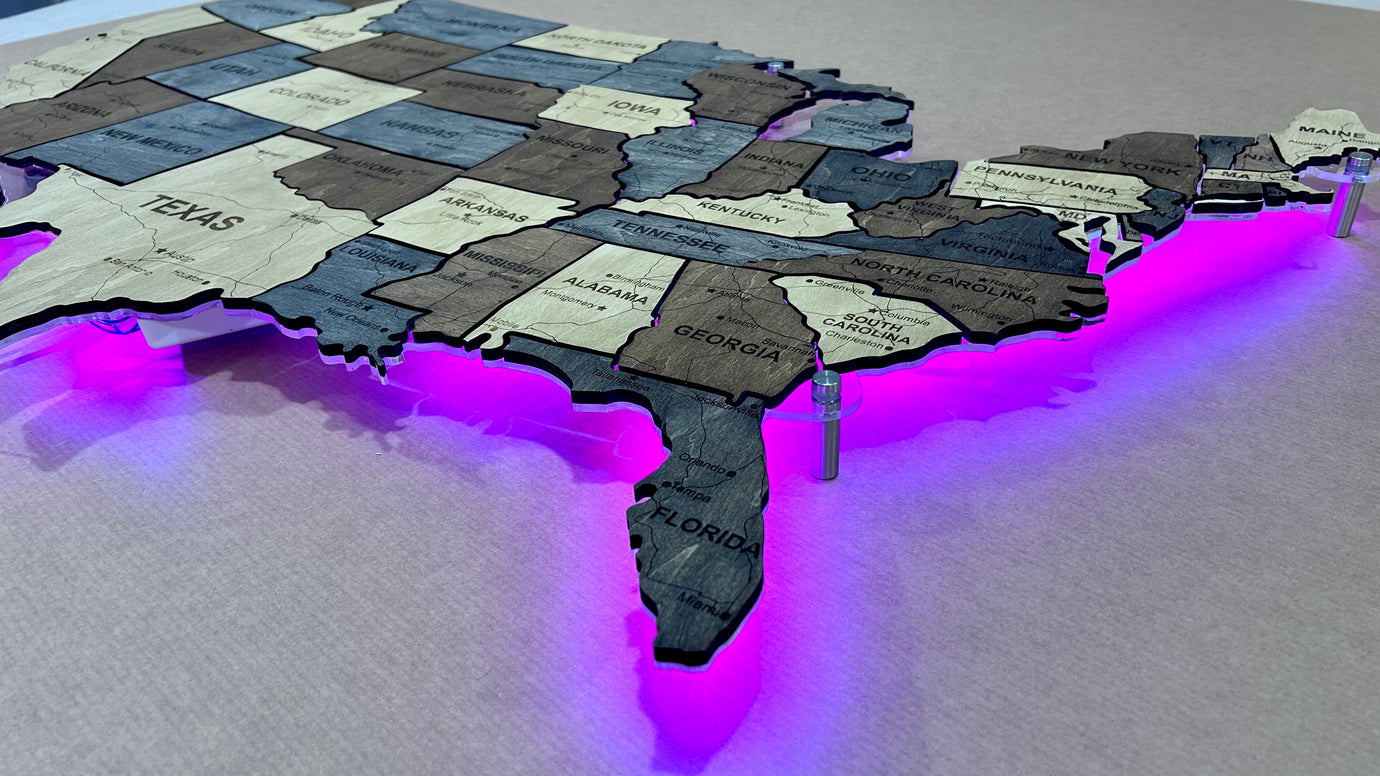 Карта США з дорогами на акрилі з підсвіткою RGB між штатами колір Brut