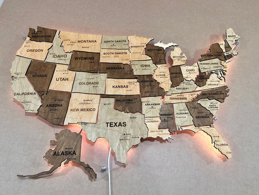 Карта США з дорогами на акрилі з підсвіткою між штатами колір Memphis