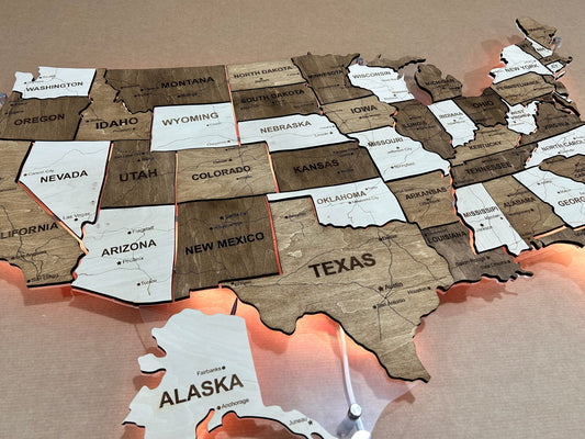 Карта США з дорогами на акрилі з підсвіткою між штатами колір Terra