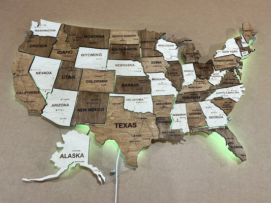 Карта США з дорогами на акрилі з підсвіткою RGB між штатами колір Terra
