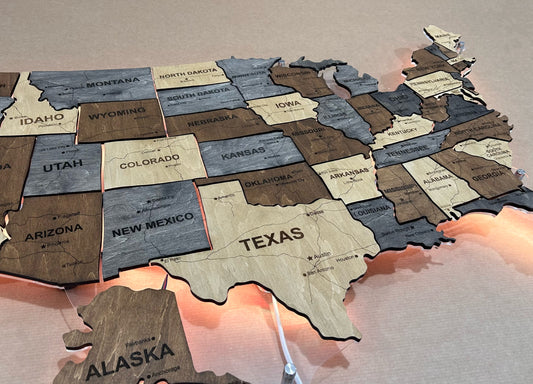 Карта США з дорогами на акрилі з підсвіткою між штатами колір Brut