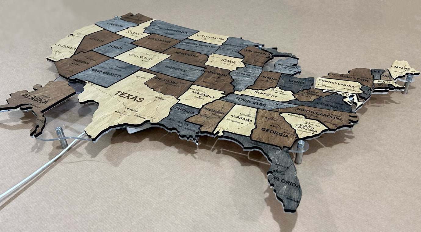 Карта США з дорогами на акрилі з підсвіткою між штатами колір Brut