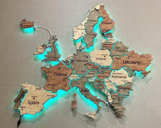 Карта Європи на акрилі з підсвіткою RGB між країнами колір Warm