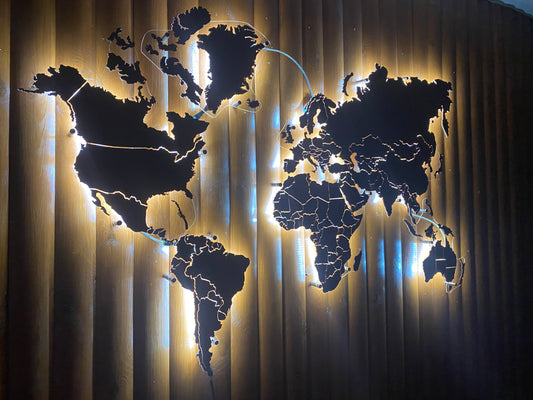 Одношарова карта світу з прозорою основою та підсвіткою між країнами колір Walnut