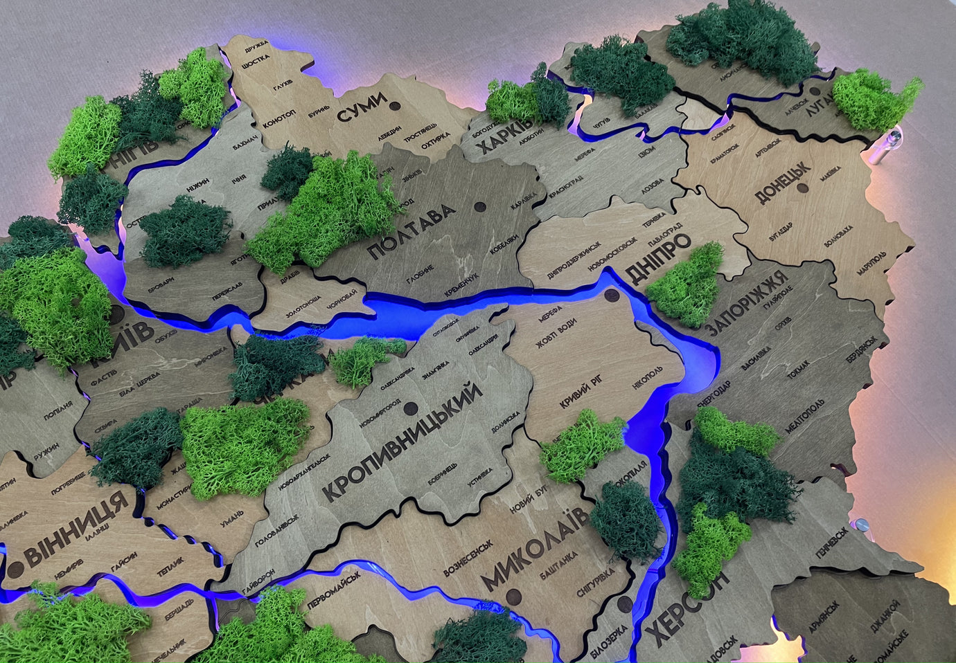 Деталізована карта України з підсвіткою річок та по контуру і мохом  колір Light tree