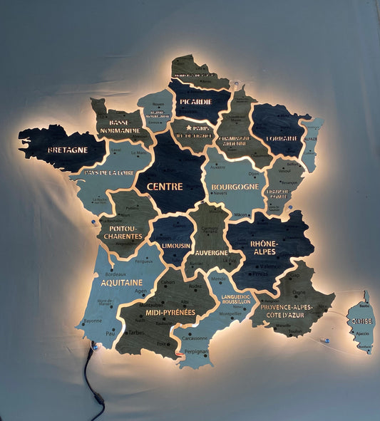 Карта Франції на акрилі з підсвіткою між областями колір Bordo