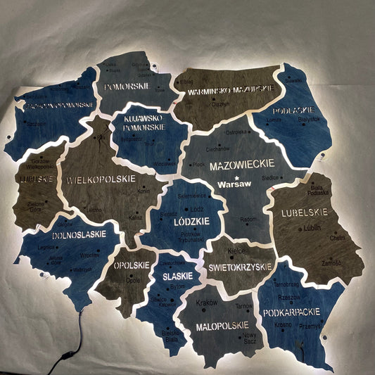Карта Польщі на акрилі з підсвіткою між областями колір Lodz