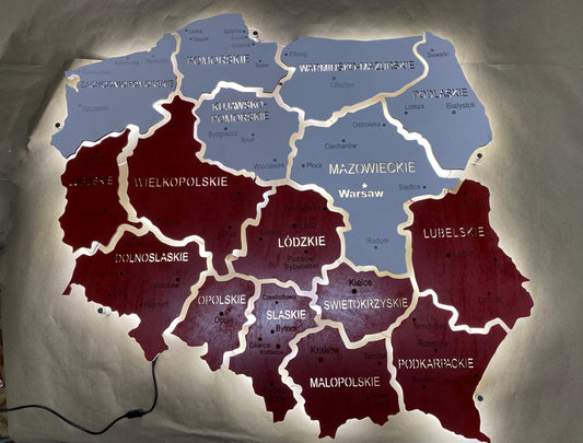 Карта Польщі на акрилі з підсвіткою між областями колір Flag