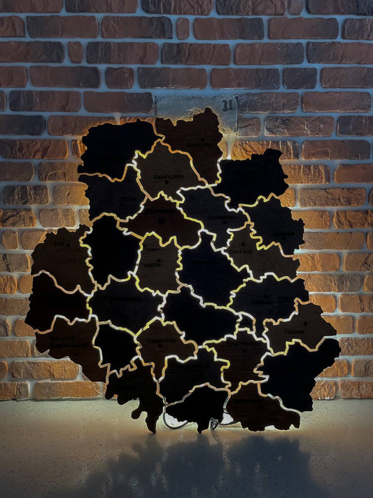 Карта Вінницької області на акрилі, з підсвіткою між районами, колір Rosewood