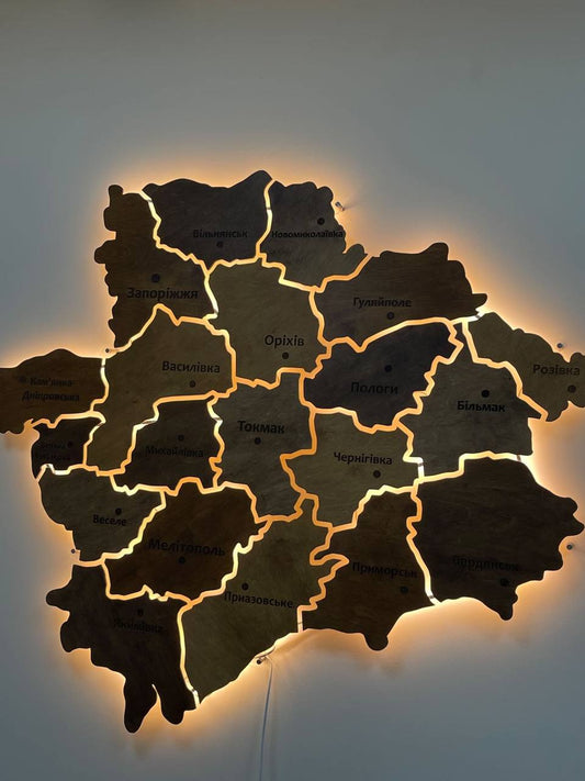 Карта Запорізької області на акрилі, з підсвіткою між районами, колір Rosewood