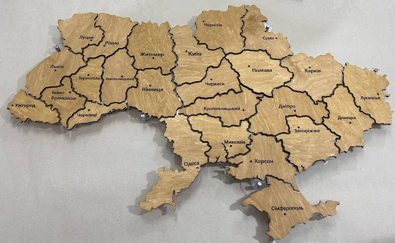 Карта України на акрилі з підсвіткою RGB між областями колір Nut