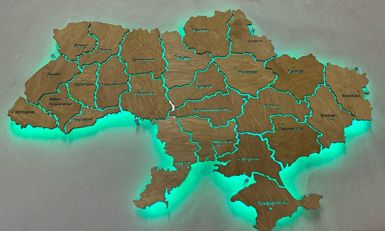 Карта України на акрилі з підсвіткою RGB між областями колір Nut