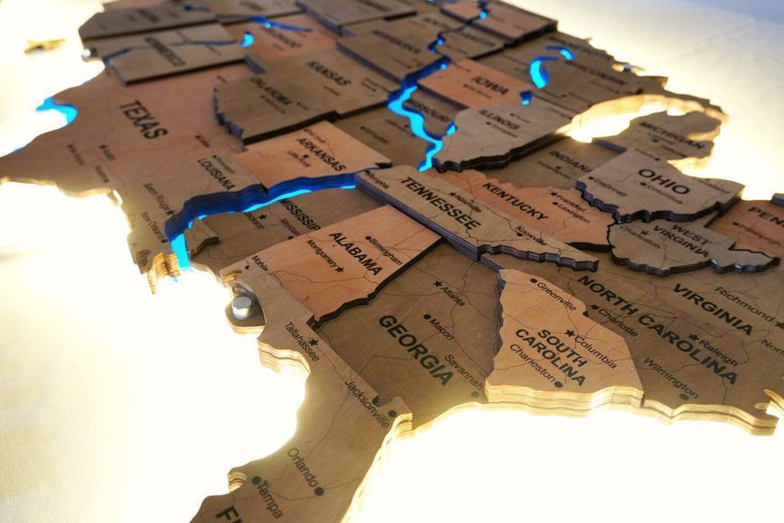 Карта США на акрилі, з дорогами та підсвіткою річок та по контуру, колір Light Tree 3122625 фото