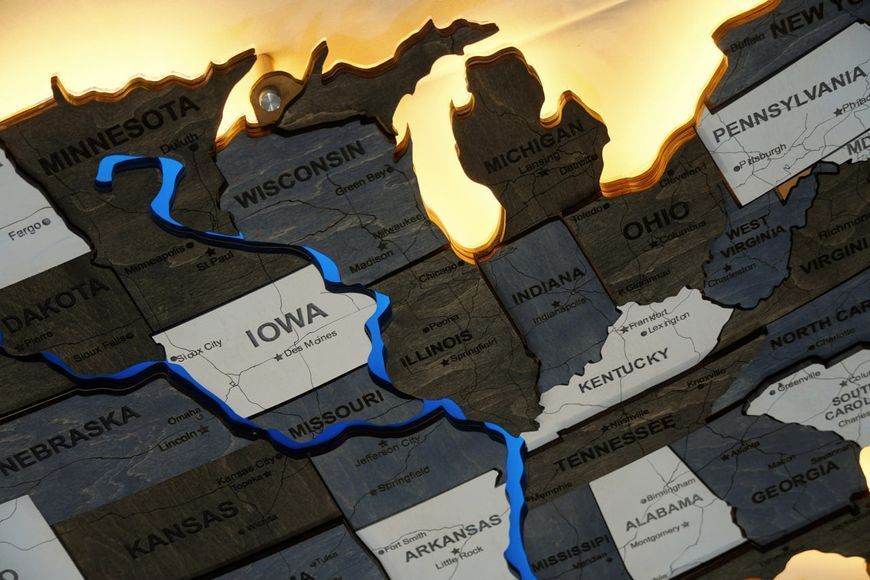 Карта США на акрилі, з дорогами та підсвіткою річок та по контуру, колір Loft 3121825 фото