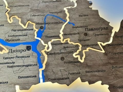 Карта Дніпропетровської області на акрилі, з річками та підсвіткою, колір Rosewood 767706111 фото