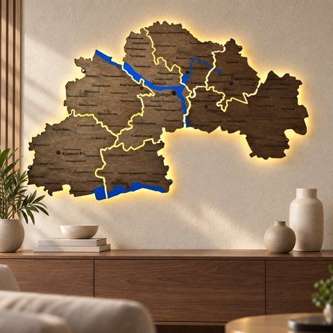 Карта Дніпропетровської області на акрилі, з річками та підсвіткою, колір Rosewood 767706111 фото