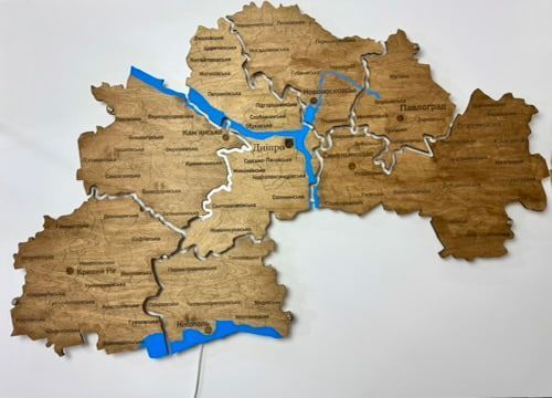 Карта Дніпропетровської області на акрилі, з річками та підсвіткою, колір Rosewood 767706111 фото