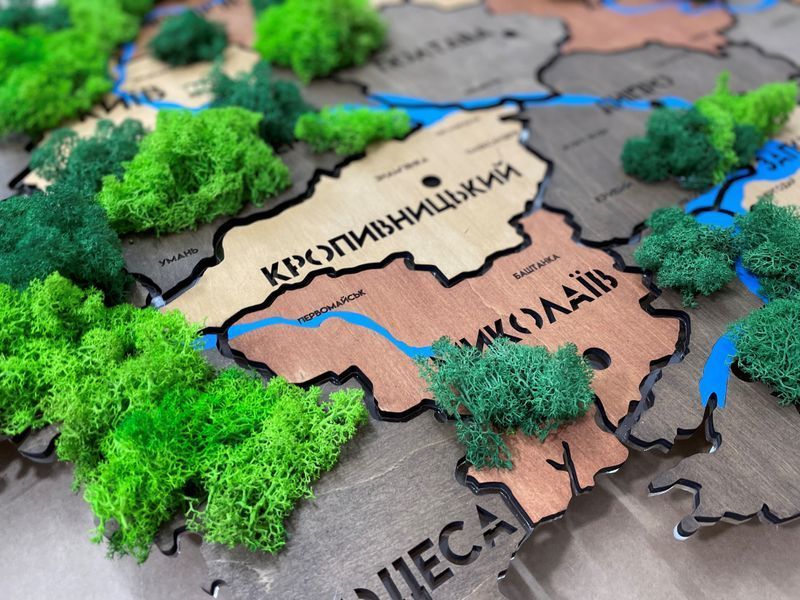 Карта України на акрилі з річками, мохом та підсвіткою між областями колір Warm 21411725 фото