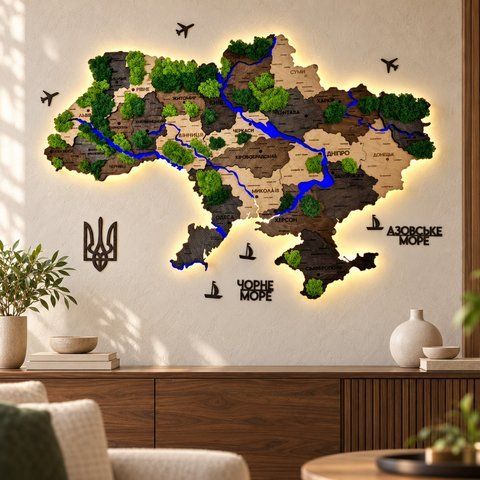 Деталізована багатошарова карта України з підсвіткою річок та по контуру і мохом колір Brut 21313090 фото